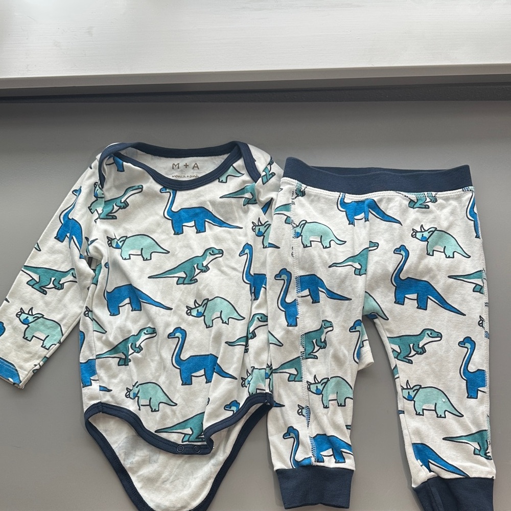 M+A Monica + Andy Baby Two-Piece Dino Set - White with Blue & Teal
